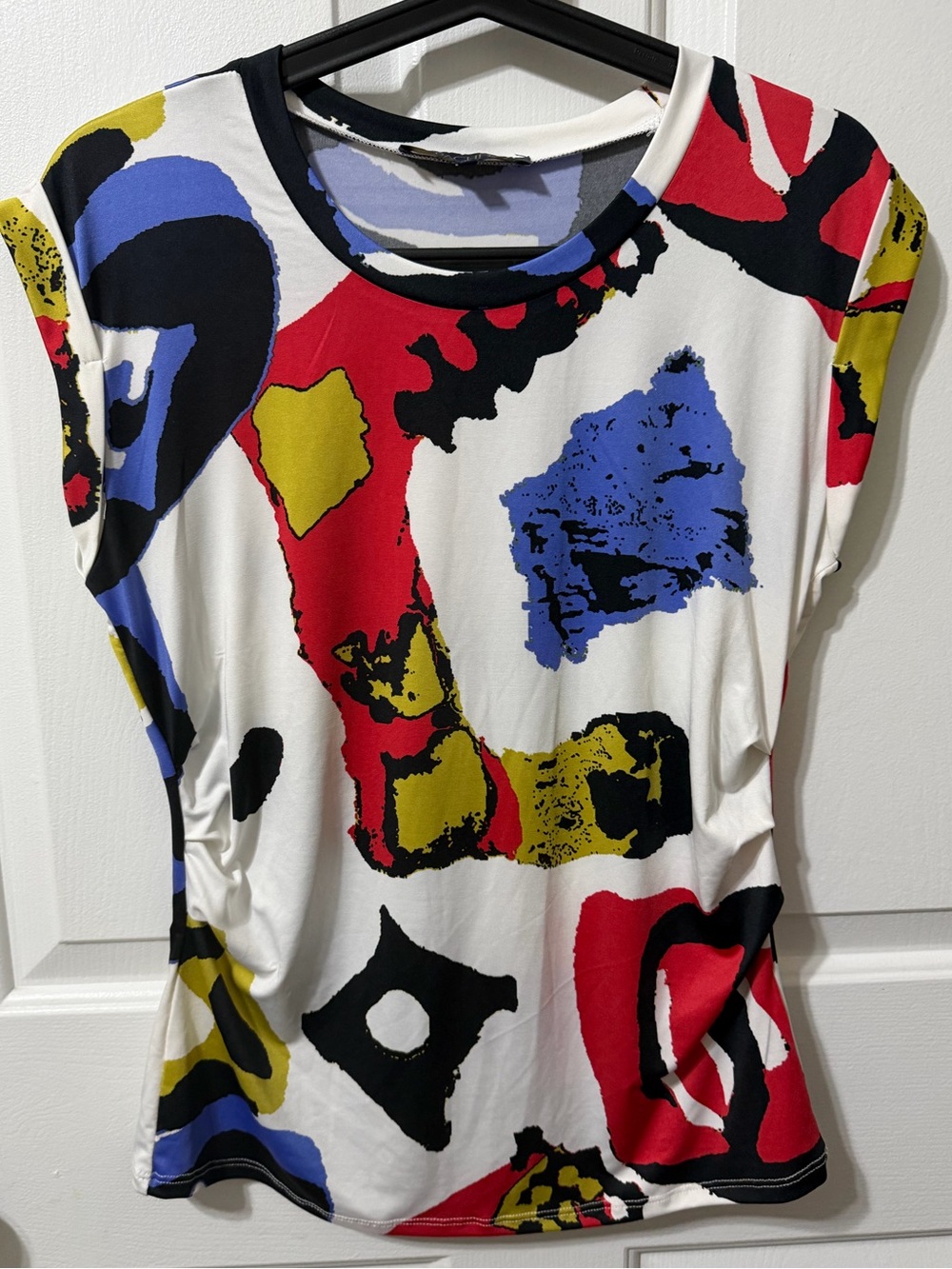 Rachel White Short Sleeve Top with Bold Red, Blue, Yellow & Black Abstract Print